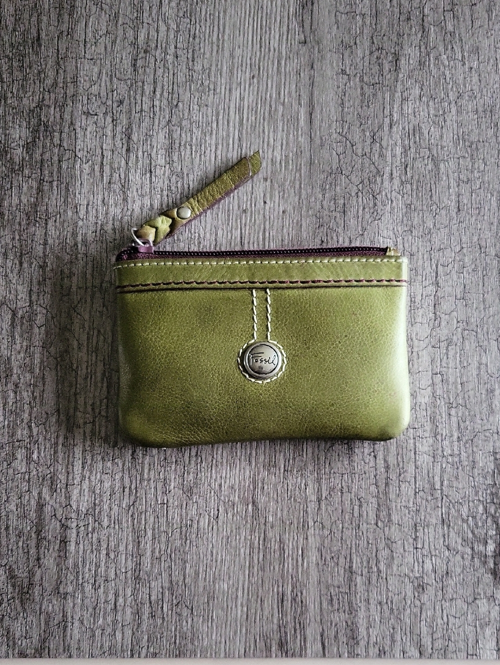 Fossil Olive Green Leather Zip Card Wallet